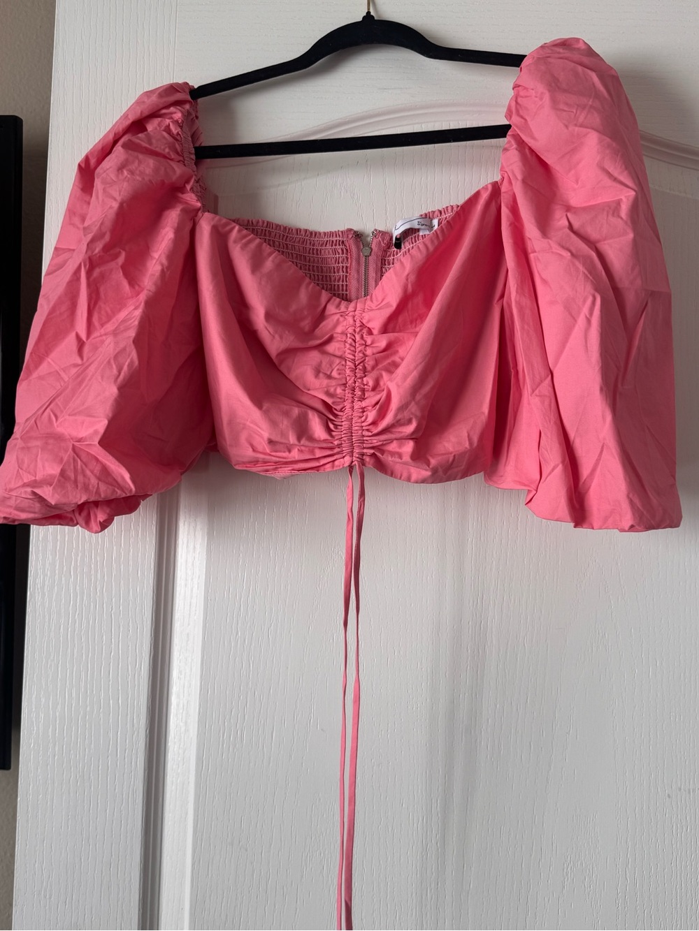 Pink Puff-Sleeve Ruched Drawstring Crop Top